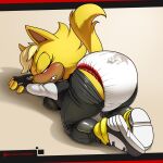  absurd_res anthro bent_over blush bottomwear butt canid canine canis clothing diaper fan_character female footwear fur hi_res looking_back mammal pants presenting presenting_hindquarters raised_tail shoes sneakers solo sonic_forces sonic_the_hedgehog_(series) sophiepoof wolf yellow_body yellow_fur 