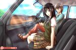  1boy 1girl artist_name black_hair blue_sky brown_hair car_interior commentary english_commentary full_body green_vest highres light_rays logo long_hair mgx0 original pants patreon_logo patreon_username red_pants sandals shirt short_hair sitting sky sunbeam sunlight sweater_vest vest white_shirt 