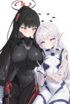  2girls absurdres alexhong1129 black_bodysuit black_hair black_halo blue_archive blunt_bangs blush bodysuit breasts bright_pupils commentary_request covered_groin covered_navel cropped_jacket gloves grey_hair hair_ornament halo highres himari_(armed)_(blue_archive) himari_(blue_archive) impossible_bodysuit impossible_clothes jacket large_breasts latex latex_bodysuit long_hair looking_at_another mole mole_under_eye multicolored_halo multiple_girls official_alternate_hairstyle open_clothes open_jacket pointy_ears poking_another's_breast ponytail purple_eyes red_eyes red_halo ringed_eyes rio_(armed)_(blue_archive) rio_(blue_archive) skin_tight small_breasts smile two-tone_halo very_long_hair white_background white_bodysuit white_gloves white_hair white_halo white_jacket white_pupils 