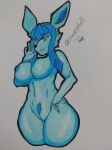 anthro anthrofied blue_body blue_eyes breasts curvy_figure eeveelution female generation_4_pokemon genitals glaceon graphite_(artwork) hi_res hiranohell humanoid looking_at_viewer nintendo pokemon pokemon_(species) pubes smile smile_at_viewer solo teeth traditional_media_(artwork) vulva