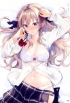  1girl absurdres artist_name bed_sheet black_ribbon black_skirt blush bow bowtie bra braid breasts brown_eyes brown_hair choppy_bangs cleavage collarbone collared_shirt cowboy_shot dengeki_moeoh embarrassed hair_between_eyes hair_ribbon hair_spread_out hands_up highres lace-trimmed_bra lace_trim long_hair long_sleeves looking_at_viewer lying magazine_scan medium_breasts navel nose_blush on_back original page_number panties parted_lips partially_unbuttoned peke_(xoxo_melon) plaid_clothes plaid_skirt pleated_skirt red_bow red_bowtie ribbon scan school_uniform shirt side_braid sidelocks skirt solo third-party_source underwear wavy_hair white_bra white_panties white_shirt 