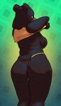 absurd_res anthro bear breasts butt clothed clothing digital_media_(artwork) female fur hi_res looking_at_viewer mammal mesmeristmina overweight pinup pose raised_arm raised_clothing rear_view shirt simple_background solo standing sun_bear tail tank_top thick_thighs thong topwear underwear undressing undressing_self ursine wide_hips