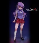  1girl absurdres bangs breasts clenched_hand copyright_name hanyuu highres higurashi_no_naku_koro_ni horns kneehighs long_hair mar10 plaid plaid_skirt purple_hair red_skirt school_uniform skirt small_breasts socks solo standing white_legwear 