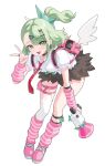  1girl absurdres bandaid bandaid_hair_ornament black_choker black_skirt choker commentary earrings full_body green_eyes green_hair hair_ornament heart heart_hair_ornament heine_(haloo1101) highres holding holding_megaphone jewelry looking_at_viewer megaphone necktie open_mouth pink_shoes red_necktie ring shirt shoes simple_background single_thighhigh skirt smile solo sunna_(zenless_zone_zero) thighhighs thighs v white_background white_shirt white_thighhighs white_wings wings x_hair_ornament zenless_zone_zero 