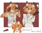accessory adjusting_hair anthro biped black_eyes black_hands canid canine clothing female fluffy fluffy_ears fox hair hair_accessory hairclip hhonchkrow234 hi_res hibiscus_(hhonchkrow234) long_hair mammal multicolored_body orange_body orange_hair shirt simple_background solo standing topwear two_tone_body white_body white_clothing white_shirt white_topwear