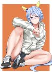  1girl animal_ears black_shoes black_shorts blue_eyes blue_hair border closed_mouth commentary_request ear_covers hakase_yurisuki highres hood hooded_jacket horse_ears horse_girl horse_tail jacket k.s.miracle_(umamusume) knee_up long_sleeves looking_at_viewer orange_background outside_border shoes short_hair short_shorts shorts simple_background smile sneakers solo tail thighs umamusume white_border white_jacket 