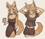 anthro big_ears biped black_eyes bottomwear brown_bottomwear brown_clothing brown_dress brown_shirt brown_shorts brown_topwear canid canine clothing container dress female fennec_fox fluffy fluffy_tail fox glass glass_container hair hand_on_head hhonchkrow234 hi_res holding_glass holding_object long_hair mammal multicolored_body orange_body shirt shorts simple_background solo standing tail tan_body tan_hair topwear true_fox two_tone_body