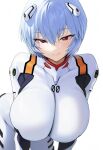  1girl ai-generated ayanami_rei beruka_(beruyon) blue_hair breasts commentary_request highres huge_breasts light_smile looking_at_viewer neon_genesis_evangelion red_eyes short_hair simple_background smile solo 