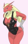  anthro avian beak blaziken blue_eyes breasts claws clothed clothing female fur hi_res keyshop_miss multicolored_body multicolored_fur nintendo partially_clothed pok&eacute;mon pok&eacute;mon_(species) red_body red_fur simple_background solo video_games yellow_body yellow_fur 