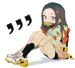  1girl airpods bit_gag black_legwear bow commentary covered_mouth ddari earbuds earphones from_side gag grey_footwear grey_hair hair_bow halftone highres kamado_nezuko kimetsu_no_yaiba leg_hug legs_together looking_at_viewer looking_to_the_side mouth_hold multicolored_hair nike pink_bow pink_eyes red_hair shoes simple_background sitting socks solo two-tone_hair white_background 