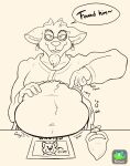 absurd_res anthro belly big_belly bounty bovid caprine clothing digestion digestion_noises goat hand_on_belly hi_res kerchief kitmis kitmis_(kitmisgoat) magician male male/male mammal overweight robe rumbling_stomach soft_vore solo speech_bubble standing vore wanted_poster weight_gain