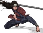  1boy absurdres armor breastplate brown_eyes brown_hair closed_mouth fighting_stance fishnet_leggings full_body furrowed_brow grey_pants grey_shirt headband highres holding holding_sword holding_weapon japanese_armor long_hair lunging male_focus naruto_(series) naruto_shippuuden pants sandals senju_hashirama shirt shoulder_armor solo sword tinzng1518388 weapon white_background white_headband 