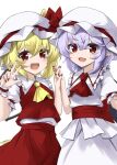  2girls akisome_hatsuka ascot blonde_hair blush collared_shirt commentary_request fang flandre_scarlet frilled_shirt_collar frills hair_between_eyes hat hat_ribbon holding_hands interlocked_fingers looking_at_viewer mob_cap multiple_girls open_mouth pointy_ears puffy_short_sleeves puffy_sleeves purple_hair red_eyes red_nails red_skirt red_vest remilia_scarlet ribbon shirt short_sleeves siblings sisters skirt skirt_set smile touhou vest w white_hat white_shirt white_skirt wings yellow_ascot 
