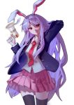  1girl absurdres animal_ears arm_behind_head arm_up black_jacket black_thighhighs blazer carrot_pin closed_mouth collared_shirt commentary_request cowboy_shot head_tilt highres holding holding_megaphone jacket long_hair long_sleeves looking_at_viewer lunatic_gun medium_skirt megaphone necktie open_clothes open_jacket pink_skirt pleated_skirt purple_hair rabbit_ears red_hair red_necktie reisen_udongein_inaba shirt skindentation skirt smile solo standing thighhighs touhou very_long_hair white_shirt you_(xhs_11531511537) 