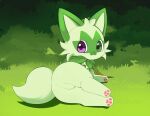 butt butt_focus cat_smile cheek_tuft day facial_tuft feet feral flong fluffy fluffy_tail generation_9_pokemon grass grass_field green_eyes heterochromia hi_res hindpaw looking_aside lying nintendo on_side pawpads paws plant pokemon pokemon_(species) pose presenting purple_eyes rear_view solo sprigatito tail tuft