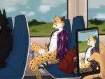 anthro backpack bottomwear bottomwear_around_one_leg bottomwear_down bus cheetah clothed clothing clothing_around_one_leg commercial_vehicle exhibitionism felid feline forwarduntoporn hi_res looking_pleasured male male/male mammal masturbation open_clothing open_shirt open_topwear pants pants_around_one_leg pants_down partially_clothed public public_erection public_exposure public_indecency public_masturbation public_nudity purple_eyes recording recording_on_phone recording_video shirt slipstreamtease spying topwear vehicle