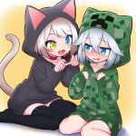  1boy 1girl absurdres animal_collar animal_hood arms_up black_hoodie black_thighhighs blue_eyes blush cat_girl cat_hood cat_tail collar collarbone commentary cosplay creeparka creeper creeper_(cosplay) crying crying_with_eyes_open fangs gradient_hair green_hoodie grey_hair heterochromia highres hood hood_up hoodie long_sleeves looking_at_another minecraft multicolored_hair newbear open_mouth red_collar sitting tail tears thighhighs trap wariza white_hair yellow_eyes zipper_pull_tab 
