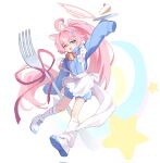  1girl :d ahoge alternate_costume animal_ear_fluff animal_ears apron arm_up asymmetrical_legwear bell blue_archive blue_eyes blue_jacket blush_stickers bow bowtie cake cake_slice cat_ears fang food fork frilled_apron frills full_body hair_flaps hair_ornament hairclip halo hashtag-only_commentary heterochromia highres holding holding_fork holding_tray hoshino_(blue_archive) imro_0000 jacket jersey_maid kemonomimi_mode leg_warmers long_hair maid mismatched_legwear neck_bell open_mouth orange_eyes parallel_hairclips pink_hair pink_halo ponytail red_bow red_bowtie red_ribbon ribbon shoes sidelocks single_leg_warmer skin_fang sleeves_past_fingers sleeves_past_wrists smile sneakers socks solo striped_clothes striped_socks tray unconventional_maid very_long_hair white_apron white_leg_warmers white_shoes white_socks 