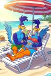 andromorph anthro avian beach beach_chair beach_towel beak bikini bird bra breasts clothing couples cuculiform drawing_on_belly duo feathers female hi_res husband husband_and_wife intersex looney_tunes love male male/female markers married_couple muscular muscular_male new_world_ground_cuckoo panties parasol pregnant pregnant_anthro pregnant_female road_runner_(looney_tunes) roadrunner romantic romantic_couple sea sitting sun swimming_trunks swimsuit_only swimwear tail the_looney_tunes_show tickling tickling_belly touching_belly towel two-piece_swimsuit underwear warner_brothers water wife