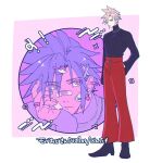  1boy alternate_costume bandaid bandaid_on_face bandaid_on_nose black_sweater blonde_hair border buster_sword cait_sith_(final_fantasy) cloud_strife earrings final_fantasy final_fantasy_vii full_body hair_ornament hairclip head_rest jewelry jintaso male_focus multiple_rings multiple_views necklace outside_border pants red_pants ring short_hair spiked_hair standing sweater translation_request turtleneck turtleneck_sweater upper_body white_border 