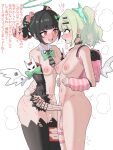 2girls ahegao_saikou aqua_eyes arm_warmers backpack bag bandaid bandaid_hair_ornament bar_censor black_choker black_hair black_necktie black_thighhighs blunt_bangs blush bow breasts cat_hair_ornament censored choker clenched_hand commentary_request cowboy_shot detached_collar detached_sleeves earrings erection fake_wings fang frilled_sleeves frills futa_with_female futanari green_bow green_hair green_halo hair_bow hair_ornament halo handjob hands_up heart highres jewelry large_penis long_sleeves looking_at_another medium_hair mini_wings motion_lines multicolored_hair multiple_girls nangong_yu navel necktie nipples nose_blush nude one_side_up open_mouth paid_reward_available penis pink_arm_warmers pink_bow pink_streaks profile raised_eyebrows randoseru red_eyes rolling_eyes short_hair short_necktie simple_background sleeve_bow small_breasts smile speed_lines spoken_heart standing steaming_body stomach streaked_hair striped_arm_warmers studded_choker sunna_(zenless_zone_zero) sweat testicles thigh_strap thighhighs translation_request twintails twitching veins veiny_penis white_background white_wings wings x_hair_ornament zenless_zone_zero 