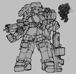  1girl :| absurdres ammunition_belt arm_mounted_weapon armor breasts clenched_hand closed_mouth commentary english_commentary extra_arms grey_background greyscale gun helmet highres lancer_rpg legs_apart lineart medium_breasts monochrome personification planted reference_inset robot_girl scope short_hair shoulder_armor simple_background solo swept_bangs tortuga_(lancer_rpg) weapon yadana324 