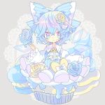  1girl :t blue_bow blue_eyes blue_hair blush bow cirno commentary_request cravat cupcake detached_wings diamond-shaped_pupils diamond_(shape) doily flower food food_on_face fork grey_background hair_bow hair_flower hair_ornament heart highres holding holding_fork ice ice_cream ice_wings icing in_food long_sleeves looking_at_viewer macaron nikorashi-ka rose short_hair solo sweets symbol-shaped_pupils touhou upper_body white_bow white_neckwear wide_sleeves wings 