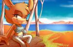 anthro bedroom_eyes blinky_bill_(series) breasts canid canine canis clothed clothing daisy_dingo detailed_background digital_media_(artwork) dingo dragonboy618 female hi_res looking_at_viewer mammal narrowed_eyes nature nature_background outback seductive sega sitting_on_log smile solo sonic_the_hedgehog_(series) tail thenovika