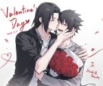  2boys arm_around_shoulder black_hair black_jacket blush bouquet brothers cardigan character_name closed_eyes dated earrings facial_mark falling_petals flower grey_cardigan hair_between_eyes hair_tie happy_valentine highres holding holding_bouquet incest jacket jewelry kiss kissing_cheek kryu0415 long_hair low-tied_long_hair male_focus multiple_boys naruto_(series) naruto_shippuuden necklace open_mouth parted_bangs petals red_flower red_petals red_rose rose shirt short_hair siblings smile uchiha_itachi uchiha_sasuke upper_body white_background white_shirt yaoi 