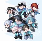  1girl 6+boys aqua_haori arm_guards black_eyes black_hair black_hakama black_kimono black_scarf blue_eyes blue_hair chibi chibi_only curtained_hair fate/grand_order fate_(series) forehead_protector full_body fur_shawl grey_eyes grey_hair grey_hakama grey_kimono hair_intakes hair_pulled_back hakama haori haori_on_shoulders harada_sanosuke_(fate) harada_sanosuke_(teal_haori_and_hakama)_(fate) headband_around_neck high_ponytail hijikata_toshizou_(fate) hijikata_toshizou_(teal_haori_and_hakama)_(fate) holding holding_polearm holding_sword holding_weapon japanese_clothes katana kimono kondou_isami_(fate) medium_sideburns multiple_boys multiple_scars nagakura_shinpachi_(fate) nagakura_shinpachi_(third_ascension)_(fate) okita_souji_(fate) okita_souji_(koha-ace) okita_souji_(teal_haori_and_hakama)_(fate) pink_hair polearm ponytail prosthetic_arm_removed prosthetic_sword red_hair saitou_hajime_(fate) saitou_hajime_(third_ascension)_(fate) sandals scar scar_on_arm scar_on_face scar_on_forehead scarf shawl shinsengumi_(fate) short_ponytail sideburns sidelocks sleeveless sleeveless_kimono somemiya_suzume spiked_headband sword tasuki toudou_heisuke_(third_ascension)_(fate) unworn_headband waraji weapon white_hair white_hakama white_kimono yamanami_keisuke_(fate) yamanami_keisuke_(third_ascension)_(fate) 