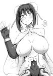  1girl absurdres arm_guards black_gloves blush bodysuit bracelet breasts bun_cover commentary_request covered_navel double_bun elbow_gloves fate/grand_order fate_(series) fingerless_gloves gloves greyscale hair_bun hair_ribbon heart highres jewelry large_breasts looking_at_viewer medium_hair megao_3rd monochrome qin_liangyu_(fate) ribbon sidelocks solo 