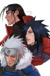  3boys armor black_hair black_shirt brown_eyes brown_hair cracked_skin dated facial_mark fur_trim grey_eyes grey_hair hair_over_one_eye happuri_(forehead_armor) highres japanese_armor konohagakure_symbol long_hair male_focus multiple_boys naruto_(series) naruto_shippuuden open_mouth parted_lips red_eyes ringed_eyes senju_hashirama senju_tobirama shirt short_hair shoulder_armor shouting spiked_hair tinzng1518388 turtleneck uchiha_madara upper_body white_background 