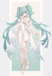  1girl absurdres aqua_eyes aqua_hair breasts cleavage collarbone commentary_request dress empire_waist full_body gold_thighlet hair_between_eyes hair_ornament hatsune_miku highres jewelry long_hair looking_at_viewer medium_breasts muse_of_creation_miku nail_polish parted_lips ping_zhong_yu solo strapless strapless_dress thighlet toenail_polish toenails twintails very_long_hair vocaloid white_dress 