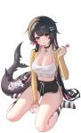  1girl absurdres alternate_costume alternate_hair_length alternate_hairstyle black_hair black_shorts breasts camisole candy cardigan colored_inner_hair commentary dolphin_shorts ellen_joe fins fish_tail food highres holding holding_candy holding_food holding_lollipop large_breasts lollipop long_hair looking_at_viewer multicolored_hair musm0412 navel parted_lips red_hair shark_girl shark_tail shorts simple_background sitting socks solo striped_clothes striped_socks tail wariza white_background white_camisole yellow_cardigan zenless_zone_zero 