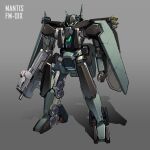  blue_eyes character_name clenched_hand english_commentary gradient gradient_background gun highres holding holding_gun holding_weapon kadej mecha no_humans original science_fiction solo standing weapon 
