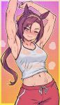  1girl ;) animal_ears armpits arms_up blush breasts brown_hair caffichai cleavage commentary cowboy_shot ear_ornament english_commentary gold_hairband gradient_background groin hairband highres horse_ears horse_girl long_hair looking_at_viewer medium_breasts midriff navel one_eye_closed orange_background pants pink_eyes ponytail purple_background purple_nails red_pants sakura_bakushin_o_(umamusume) smile solo sweat tank_top toned toned_female umamusume wet wet_clothes white_tank_top 