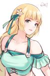  1girl absurdres artist_name bare_shoulders bikini blonde_hair breasts chinese_commentary cleavage collarbone commentary_request da-cart fire_emblem fire_emblem:_three_houses fire_emblem_heroes flower green_bikini green_eyes green_ribbon hair_flower hair_ornament hair_ribbon highres ingrid_brandl_galatea long_hair medium_breasts off-shoulder_bikini off_shoulder parted_lips ribbon signature simple_background solo swimsuit upper_body white_background white_flower 