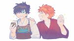  2boys armor black_hair blue_eyes closed_eyes commentary dou eating emiya_shirou fate/grand_order fate_(series) food food_on_face grin hair_over_one_eye hand_on_another's_shoulder holding holding_food japanese_armor japanese_clothes kimono miyamoto_iori_(fate) multiple_boys oneroom-disco onigiri orange_hair red_kimono rice rice_on_face senji_muramasa_(fate) simple_background smile topknot untranslatable_commentary white_background white_kimono 