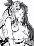  1girl :p blush bow bowtie breasts bright_pupils copyright_request gloves greyscale hair_bow highres long_hair looking_at_viewer monochrome multicolored_hair nanashi_(nlo) navel nipples perky_breasts simple_background smile solo tongue tongue_out topless twintails two-tone_hair white_background white_pupils 
