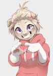 2022 anthro aquatic azzai blonde_hair claws clothing colored colored_sketch digital_drawing_(artwork) digital_media_(artwork) eyelashes female floppy_ears fur grey_background hair heart_symbol hoodie mammal markings pawpads pink_clothing pink_hoodie pink_pawpads pink_topwear pinniped purple_eyes seal shaded simple_background sketch smile solo tan_body tan_fur tan_markings tan_nose teeth topwear upper_body whiskers
