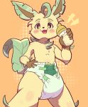 5_fingers ambiguous_gender anthro anthrofied baby_bottle blush blush_lines blush_stickers bottle brown_inner_ear brown_nose clean_diaper clothed clothing container coopitchu diaper diaper_only dipstick_ears ear_markings eeveelution fingers front_view fur generation_4_pokemon gloves green_body green_ear_tips green_fur green_tail handwear hi_res holding_bottle holding_container holding_object leaf leaf_hair leaf_tail leafeon low-angle_view multicolored_body multicolored_ears multicolored_fur navel nintendo notched_ear open_mouth open_smile orange_background plant plant_hair pokemon pokemon_(species) portrait pseudo_hair simple_background smile snaggle_tooth solo sparkles sparkling_eyes tail three-quarter_portrait topless wearing_diaper yellow_body yellow_fur