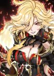  absurdres ahoge aura biker_clothes bikesuit black_gloves blonde_hair bodysuit breasts cleavage clenched_hand close-up commentary_request curtained_hair double-parted_bangs earrings fiery_aura fiery_hair front_zipper genshin_impact gloves grin hair_between_eyes hair_over_one_eye highres hoop_earrings jewelry large_breasts long_hair looking_at_viewer mavuika_(genshin_impact) mochitsu_motaretsu orange_eyes parted_lips red_hair smile solo upper_body 
