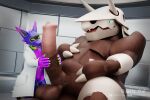 3d_(artwork) aggron animal_genitalia animal_penis anthro balls big_balls big_penis blender_(artwork) blender_cycles_(artwork) blue_body blue_sclera blush bodily_fluids brown_body claws clothing coat collar digital_media_(artwork) dripping duo equine_genitalia equine_penis generation_3_pokemon genital_fluids genitals green_collar green_mouth green_pawpads half-closed_eyes hand_on_belly hand_on_penis handjob happy hi_res interspecies kobold lab_coat laboratory lautus-k leaking_precum looking_pleasured machine male markings metal_collar multicolored_body narrowed_eyes navel nintendo open_mouth pawpads penile penis phos_(phosaggro) pokemon pokemon_(species) pokephilia precum precum_drip precum_on_hand precum_on_penis purple_body purple_markings quartz_xtal quartz_xtal_(artist) robot robot_anthro scalie screen screen_face sex size_difference smile speaker_ears synthetic topwear white_claws white_eyes