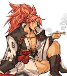  1girl absurdres baiken black_boots boots breasts center_opening cleavage commentary english_commentary eyepatch guilty_gear guilty_gear_strive highres holding holding_smoking_pipe japanese_clothes kimono large_breasts lemon1034 long_hair pink_eyes pink_hair ponytail sitting skull_print smoke smoke_trail smoking smoking_pipe solo 