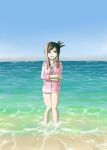  1girl bare_legs barefoot brown_hair commentary_request hood hoodie in_water long_hair looking_at_viewer macchi_theo ocean open_mouth pink_hoodie smile solo sophia_esteed star_ocean star_ocean:_till_the_end_of_time 