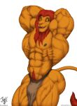  2020 abs anthro barazoku big_muscles body_hair bottomwear bulge butt clothing disney felid flexing fur hands_behind_head happy_trail hi_res huge_muscles jugg4 lion loincloth male mammal mane muscular muscular_anthro muscular_male navel nipples obliques pantherine pecs pubes quads red_mane red_pubes simba simple_background smile solo the_lion_king thick_thighs triceps watermark white_background yellow_body yellow_fur 
