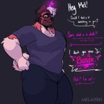 2023 absurd_res akita american_akita anthro arm_tuft bau_(melaisen) black_eyebrows black_eyewear black_glasses blue_clothing blue_shirt blue_t-shirt blue_topwear bodily_fluids bottomwear brown_body brown_ears brown_face brown_fur canid canine canis cel_shading clothed clothed_anthro clothed_male clothing countershade_fur countershading dark_pants dialogue domestic_dog elbow_tuft english_description english_text eyebrows eyewear fully_clothed fully_clothed_anthro fully_clothed_male fur glasses hair hi_res male mammal melaisen mouth_closed nervous offscreen_character orange_body orange_fur pants pink_hair pink_text shaded shirt solo spitz sweat t-shirt text topwear tuft white_body white_countershading white_text