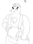  absurd_res animal_crossing anthro body_hair bulge cake_top chest_hair clothed clothing digital_media_(artwork) eulipotyphlan headgear hi_res male mammal mole_(animal) monochrome mr._resetti muscular muscular_anthro muscular_male nintendo nipples overalls simple_background solo topless video_games 