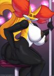  anthro areola big_breasts big_butt black_areola black_nipples breasts butt curvy_figure delphox female generation_6_pokemon ghetto_delphox hi_res holding_butt huge_breasts l-a-v looking_at_viewer nintendo nipples pokemon pokemon_(species) pole sitting solo stripper_pole text thick_thighs url voluptuous voluptuous_female 