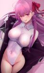  1girl bangs bb_(fate) bb_(fate)_(all) breasts breath coat commentary_request fate/extra fate/extra_ccc fate_(series) gloves hair_ribbon highres large_breasts leotard long_hair long_sleeves looking_at_viewer open_clothes open_coat purple_eyes purple_hair red_ribbon ribbon solo sunvinegar undressing white_gloves 